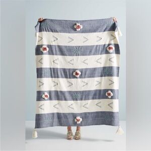 Anthropologie‎ Kamryn Navy Striped Tufted Bohemian Tassel Throw Blanket 50x60